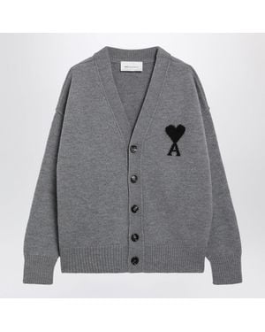 Ami Paris Ami De Coeur Merino Wool Cardigan - Gray