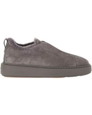 Santoni Slip-On Suede Sneakers With Fur - Gray