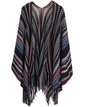 Missoni Fringed Zigzag Knit Poncho - Blue