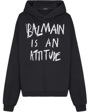 Balmain Cotton Front Print Hoodie For - Black