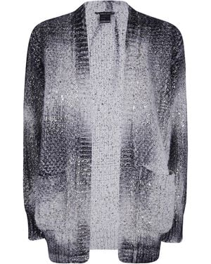 Avant Toi Laminated Scratched Effect Moss Stitch V Neck Cardigan With Destroyed Edges - Blue