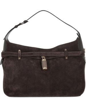 Borbonese Small Premere Hobo Suede Padlock Shoulder Bag - Black