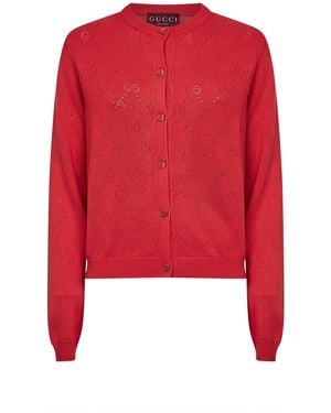 Gucci Coral Rose Gg Cotton Knit Cardigan - Red