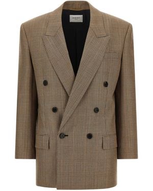Saint Laurent Prince Of Wales Houndstooth Blazer - Brown
