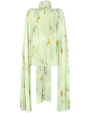 Balenciaga Floral-Print Pleated Scarf Blouse - Green