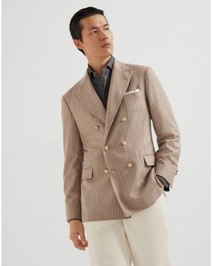 Brunello Cucinelli Sand Double Breasted Wool Silk Blazer - Natural