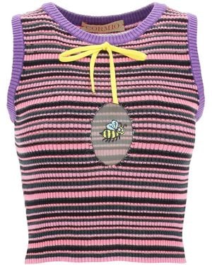 Cormio 'gloria' Striped Knit Cropped Top With Bee Oblò Detail - Red