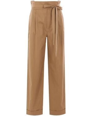 Saint Laurent Belted Pleated Straight Leg Pants - Natural