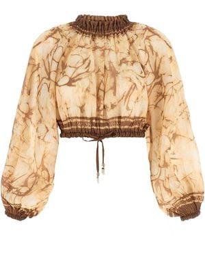 Zimmermann Printed Mock Collar Top - Natural