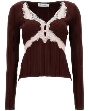 Self-Portrait Top With Embroidery - Brown