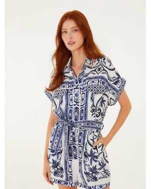 FARM Rio All-Over Print Linen Belted Romper With Button Front And Pockets - Blue