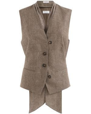 Brunello Cucinelli Sparkling Linen Gilet With Lavallière - Natural
