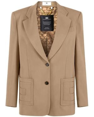 Elisabetta Franchi Single-Breasted Gabardine Blazer With Embroidered Pockets - Natural