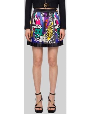 Versace Printed Silk Twill Pleated Miniskirt - Blue