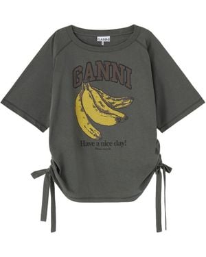 Ganni Anthracite Ss T-Shirt Banana Logo Bow - Gray