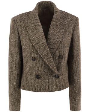 Brunello Cucinelli Double-Breasted Herringbone Blazer With Subtle Shimmer - Green