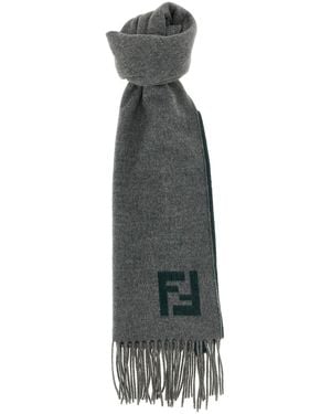 Fendi Double-Sided Wool-Cashmere With Ff Intarsia Scarf - Gray