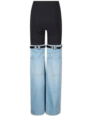 Coperni Hybrid Cotton Jersey And Light Cotton Denim Pants With Leather Logo Straps - Blue