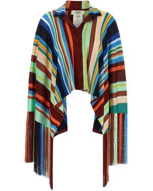 Fendi Striped Poncho With Fringes - Blue