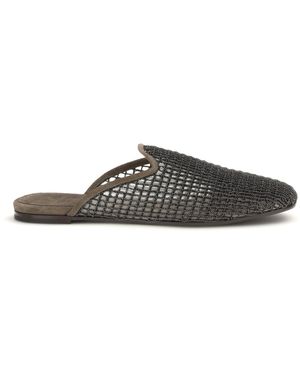 Brunello Cucinelli Suede Mules With Precious Net Embroidery - Multicolor