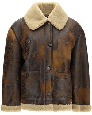 Valstar Oversized Leather Jacket Shearling Collar - Brown