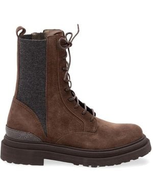 Brunello Cucinelli Suede Combat Boots With Cashmere Panels And Monili Trim - Brown