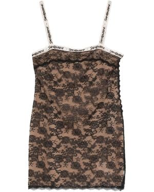 Saint Laurent Lace-Overlay Logo-Strap Mini Dress - Brown