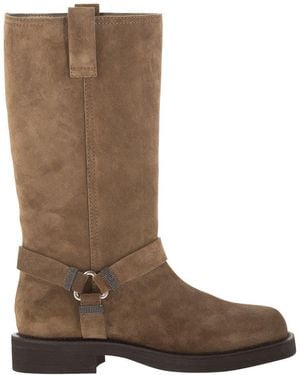 Brunello Cucinelli Suede Boots With Harness Strap And Ring Detail - Brown