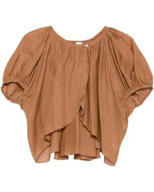 120% Lino Ruffled Sleeve Linen Blouse - Brown