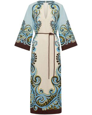 ALÉMAIS V-Neck Linen Dress With Dropped Shoulders & Side-Slit Hem - Blue