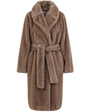 Max Mara Long Faux Fur Double-Breasted Peacoat Jacket - Brown