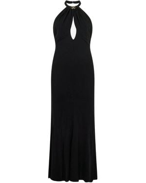 Roberto Cavalli Long Viscose Dress With Halterneck And Logo On The Neck - Black