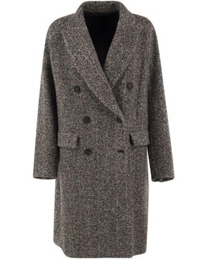 Brunello Cucinelli Double-Breasted Herringbone Wool Coat With Sequins - Gray