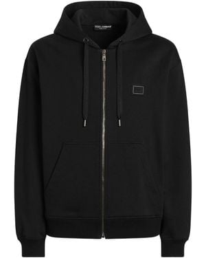 Dolce & Gabbana Cotton Hooded Sweatshirt With Dg Plaque - Black