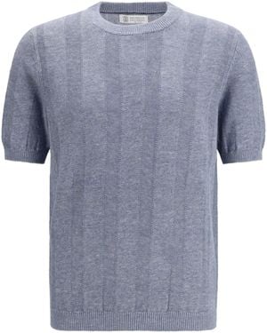 Brunello Cucinelli Short-Sleeve Knitted Top Linen-Blend - Blue