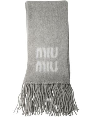 Miu Miu Merino Wool Scarf With Logo - Gray