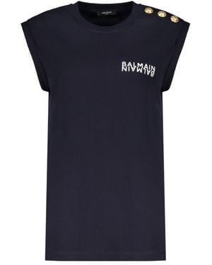 Balmain Cotton Sleeveless Logo Tank T-Shirt - Blue