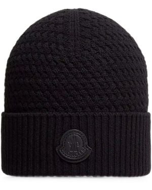Moncler Logo-Patch Cable-Knit Beanie Hat - Blue