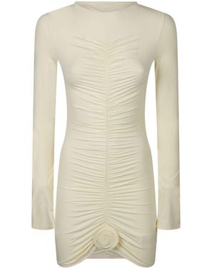 LaRevêche Lillibet Ivory Lycra Long-Sleeved Mini Dress With Gathers And Bud Detailing - Natural