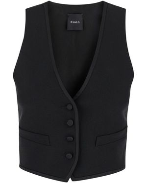 Plain Vest With Covered Buttons - Black