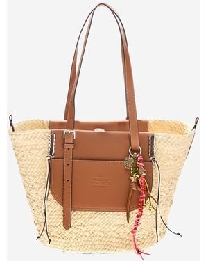CUBA LAB Leather And Raffia Bag - Brown