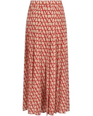 Valentino Toile Iconographe Pleated Silk Midi Skirt - Red