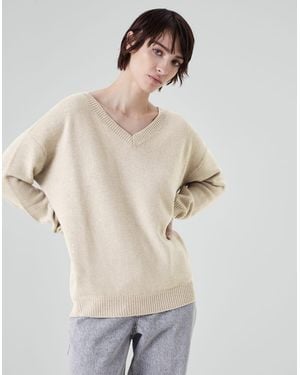 Brunello Cucinelli Light Wool Silk V Neck Sweater - Natural