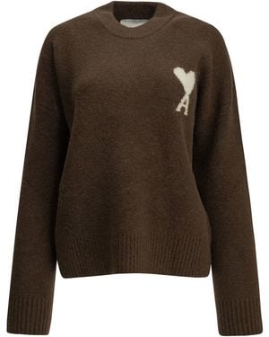 Ami Paris "Ami De Coeur" Crew-Neck Sweater - Brown