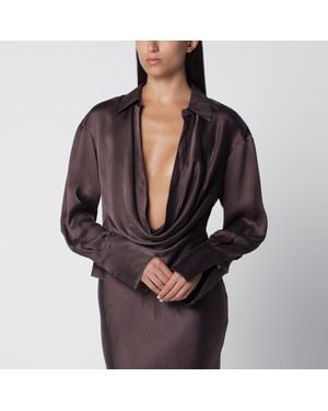 ANDAMANE Deep Neckline Rouge Noir Satin Shirt - Red