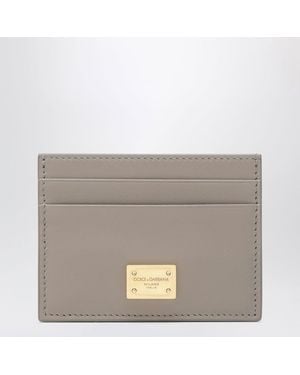 Dolce & Gabbana Taupe Leather Card Holder With Logo Plaque - Gray