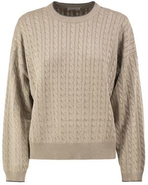 Brunello Cucinelli Cable-Knit Crew Neck Sweater With Shimmering Yarn - Natural