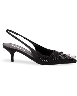 Prada Embroidered Satin Slingback Pumps - Black