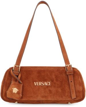 Versace Suede Logo Top Handle Bag - Brown