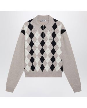 Miu Miu Argyle Cashmere Polo Shirt - Gray